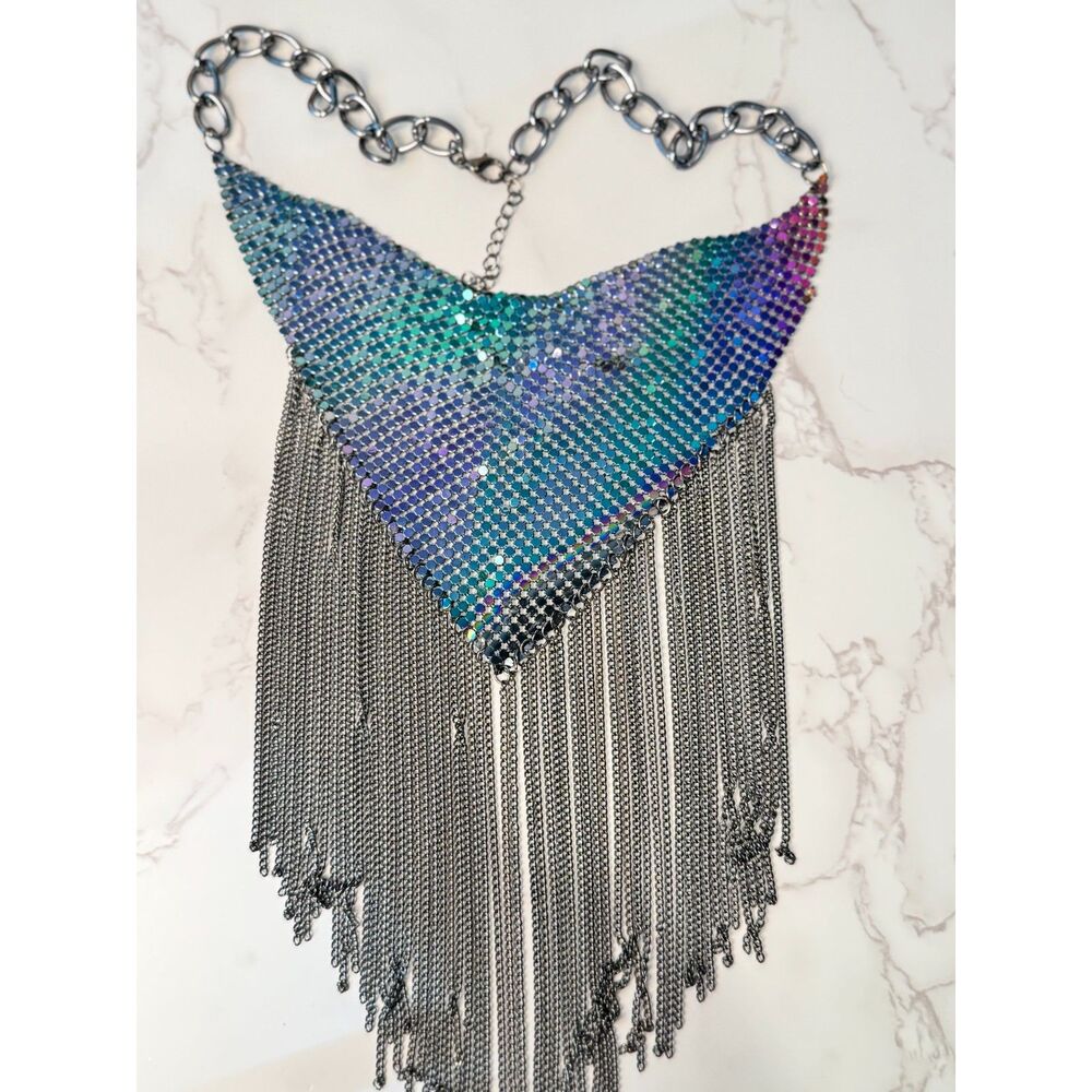 Metal Mesh Bib Necklace with Chain Fringe